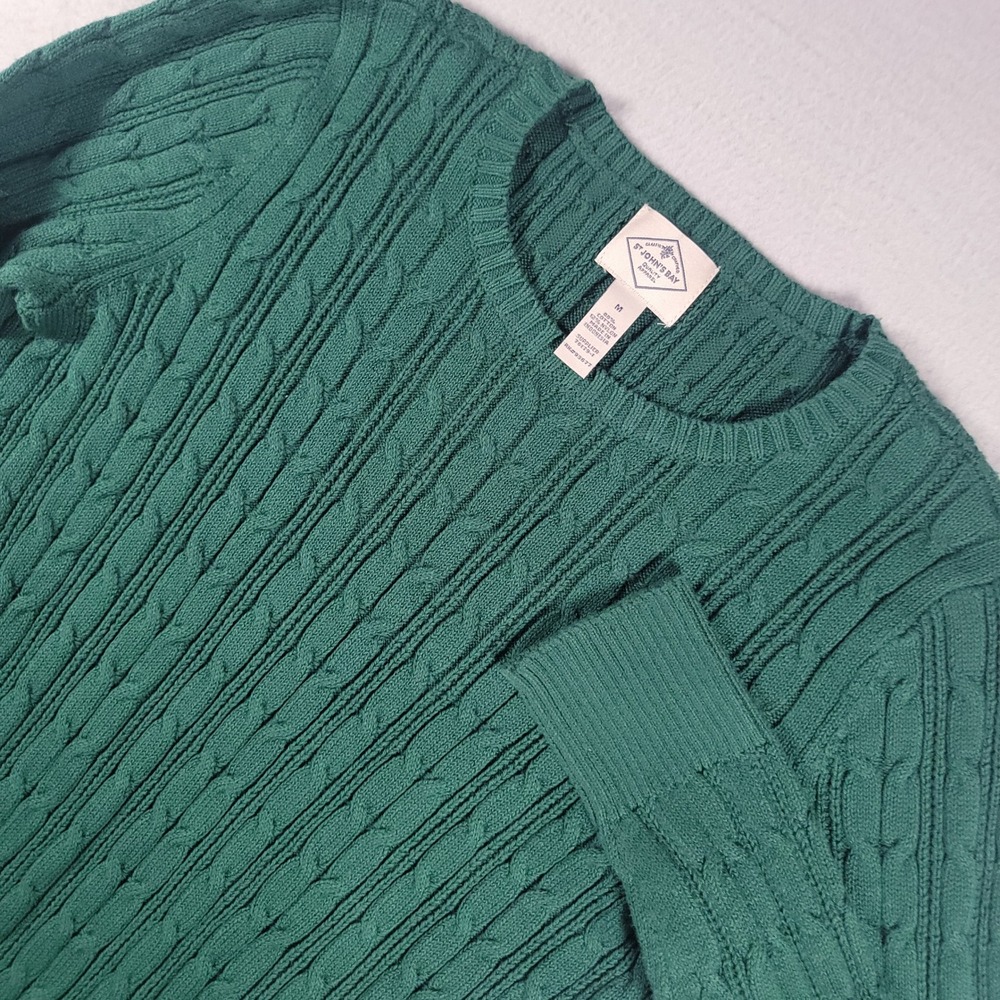 St. John's Bay Cable Knit Sweater Women M Green Solid Regular Cotton Blend Crew